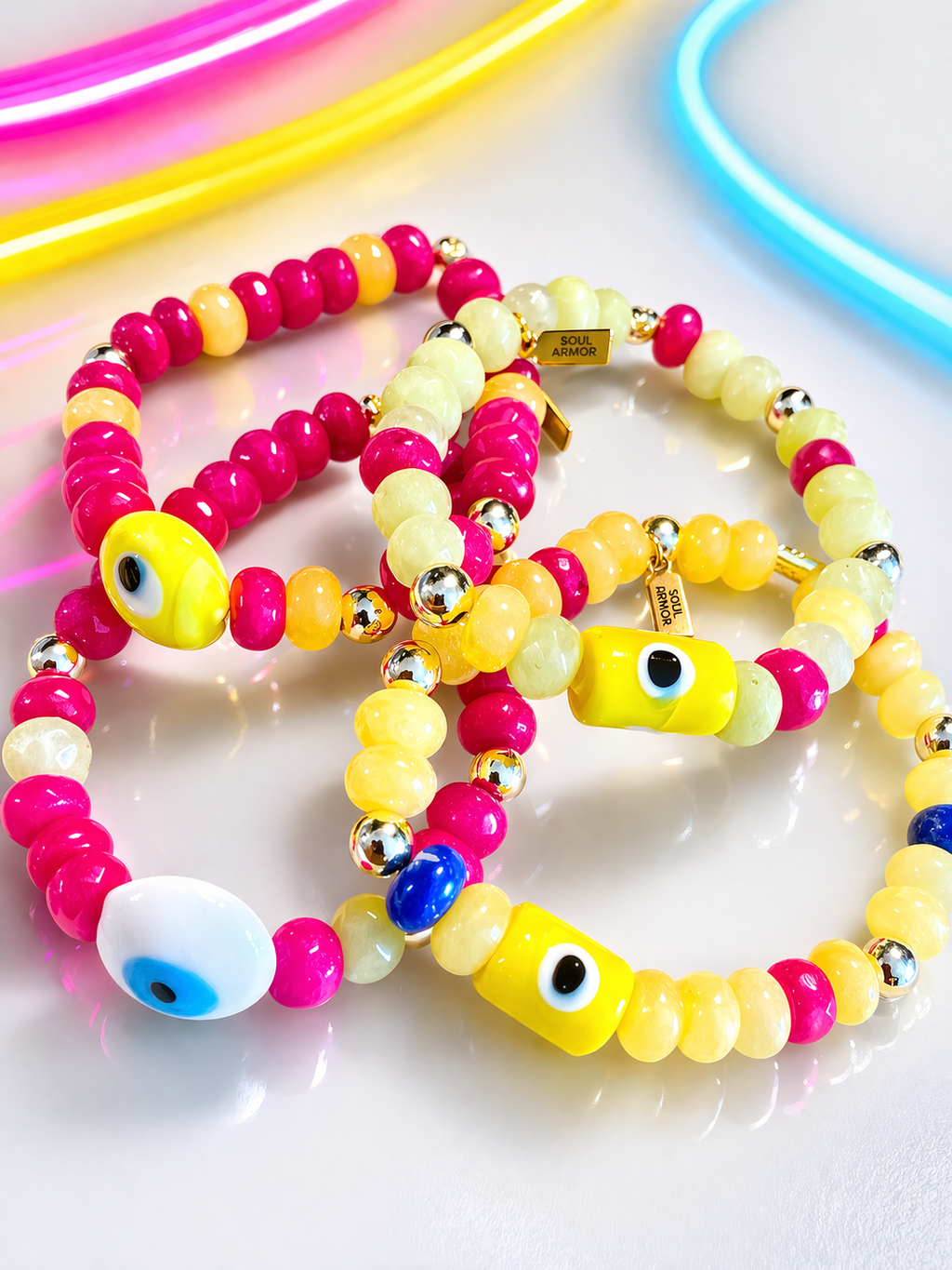 Tropical Hybrid Evil Eye Bracelet- White and Fuchsia pink