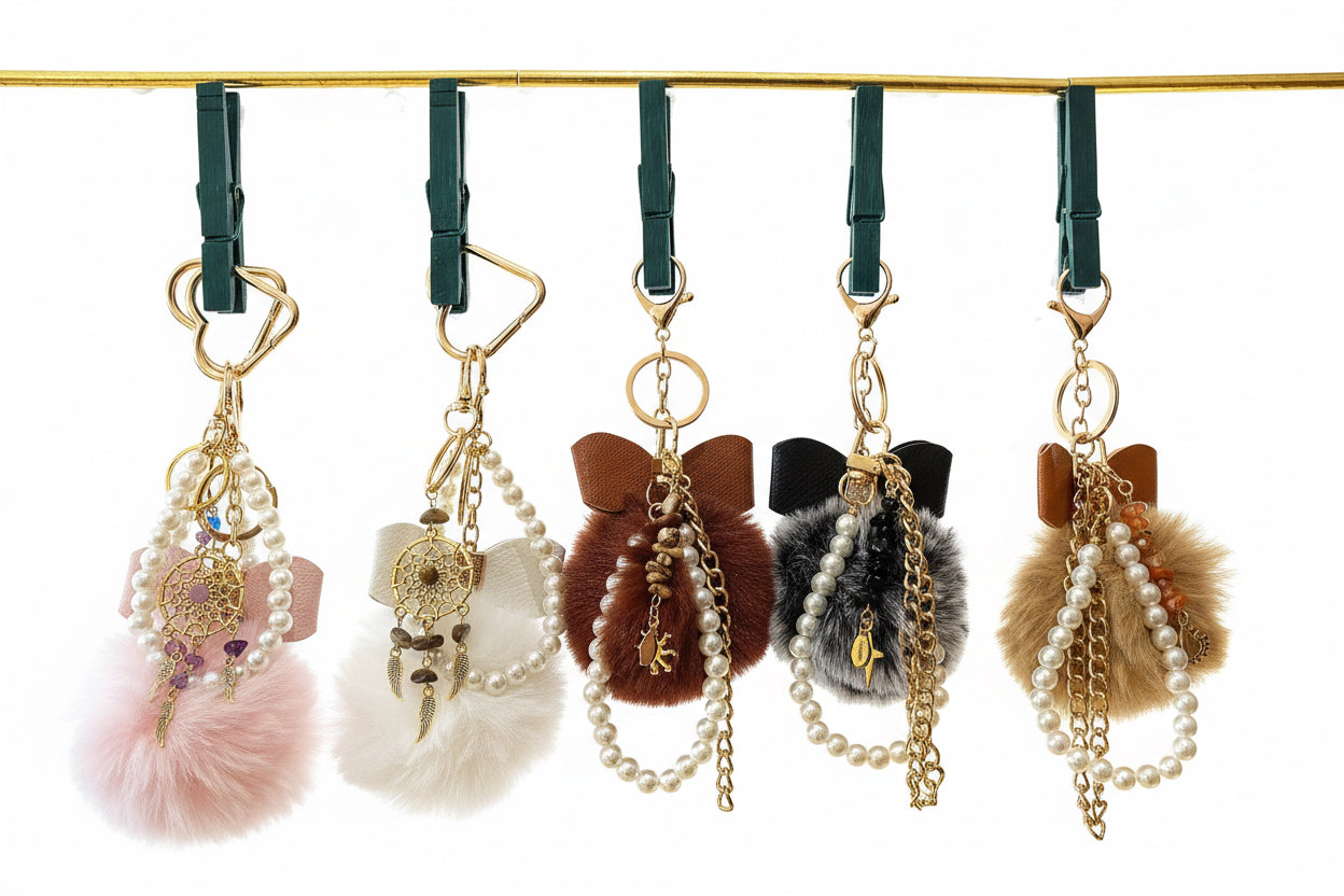 Pearl & Gemstone Pom Pom Keychain| Dreamcatcher Elegant Purse Stap Accessory