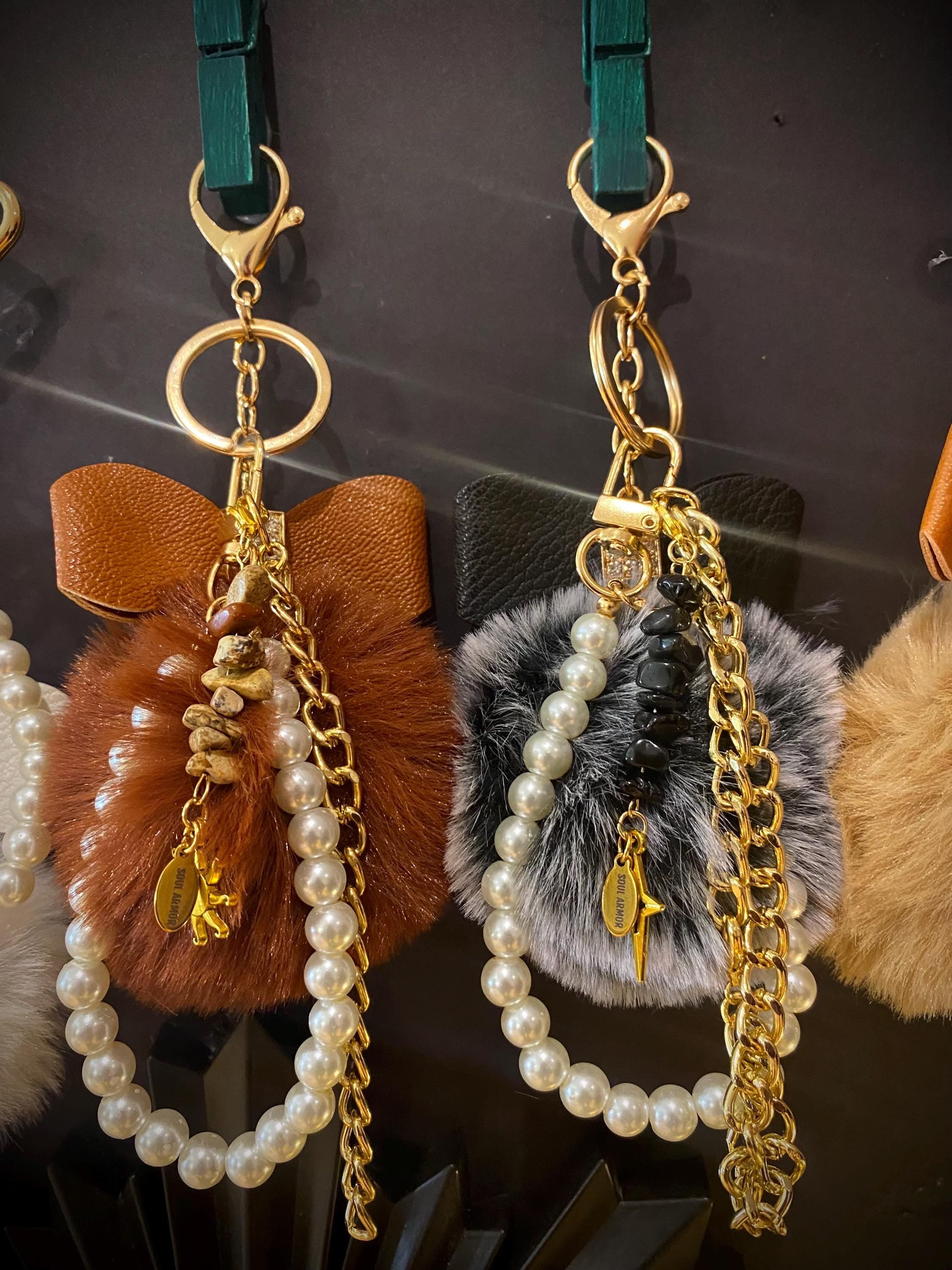 Pearl & Gemstone Pom Pom Keychain| Dreamcatcher Elegant Purse Stap Accessory