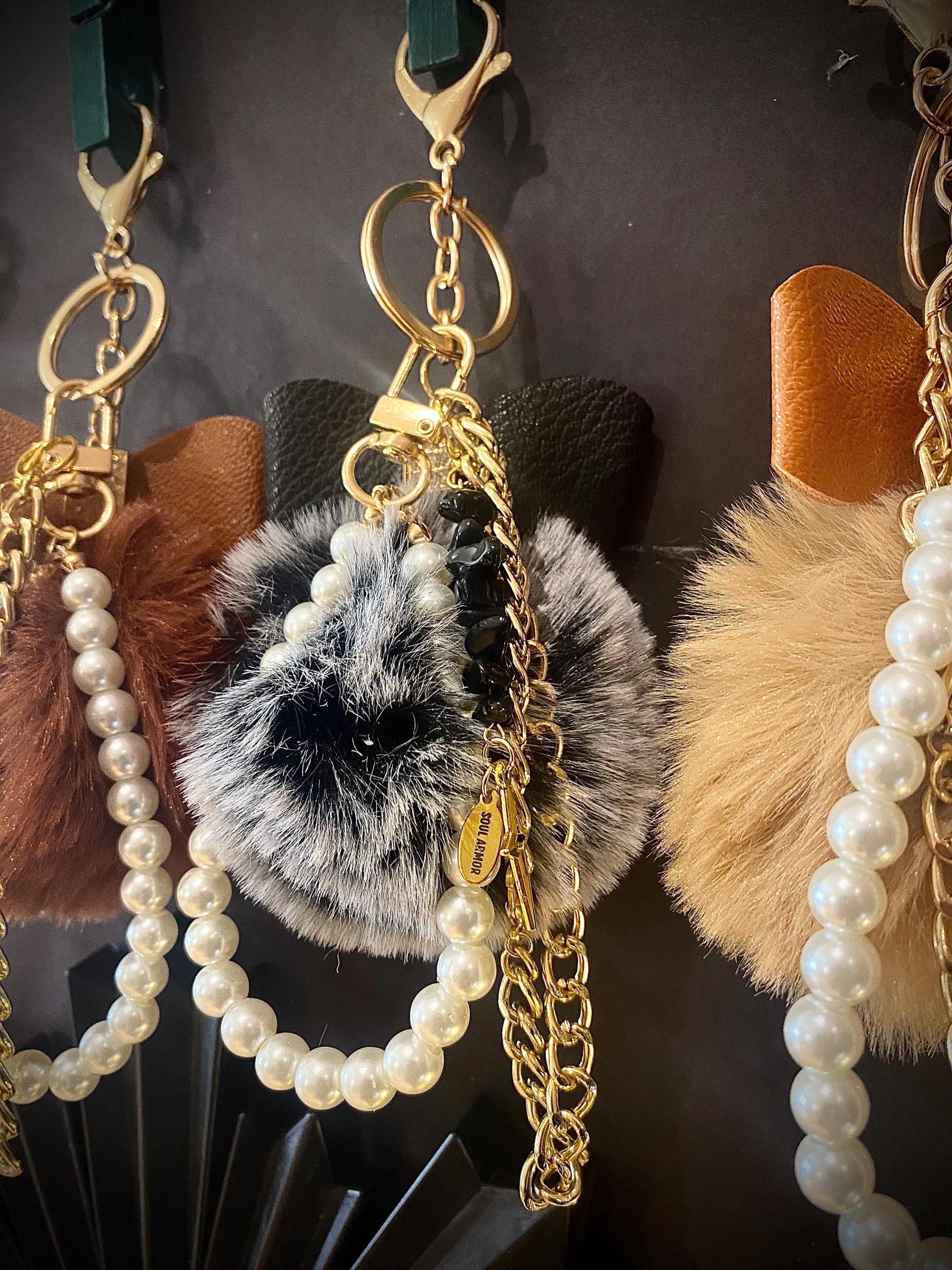 Pearl & Gemstone Pom Pom Keychain| Dreamcatcher Elegant Purse Stap Accessory