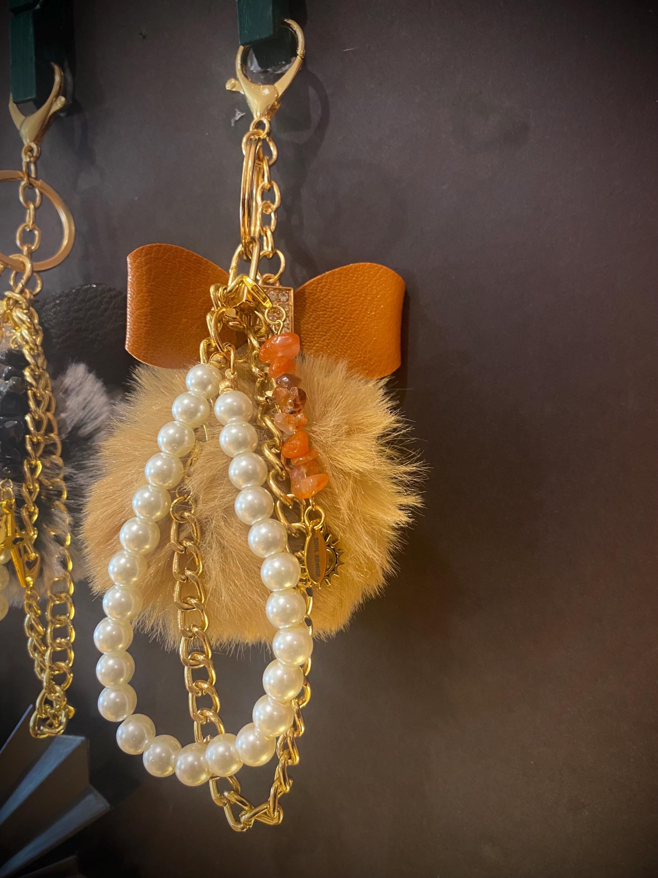Pearl & Gemstone Pom Pom Keychain| Dreamcatcher Elegant Purse Stap Accessory