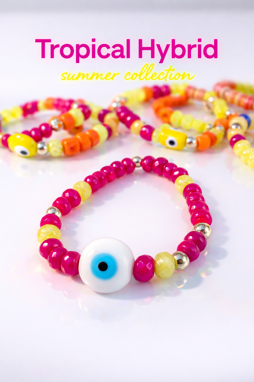 Tropical Hybrid Evil Eye Bracelet- White and Fuchsia pink