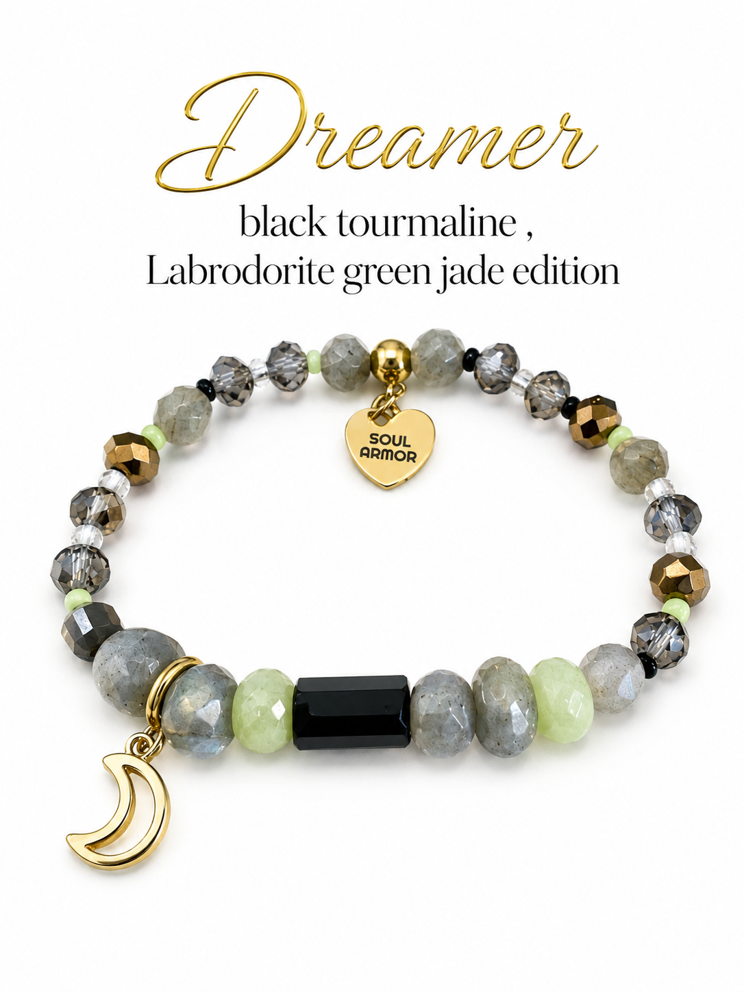 Dreamer- Black Tourmaline Labrodorite Green Jade Edition