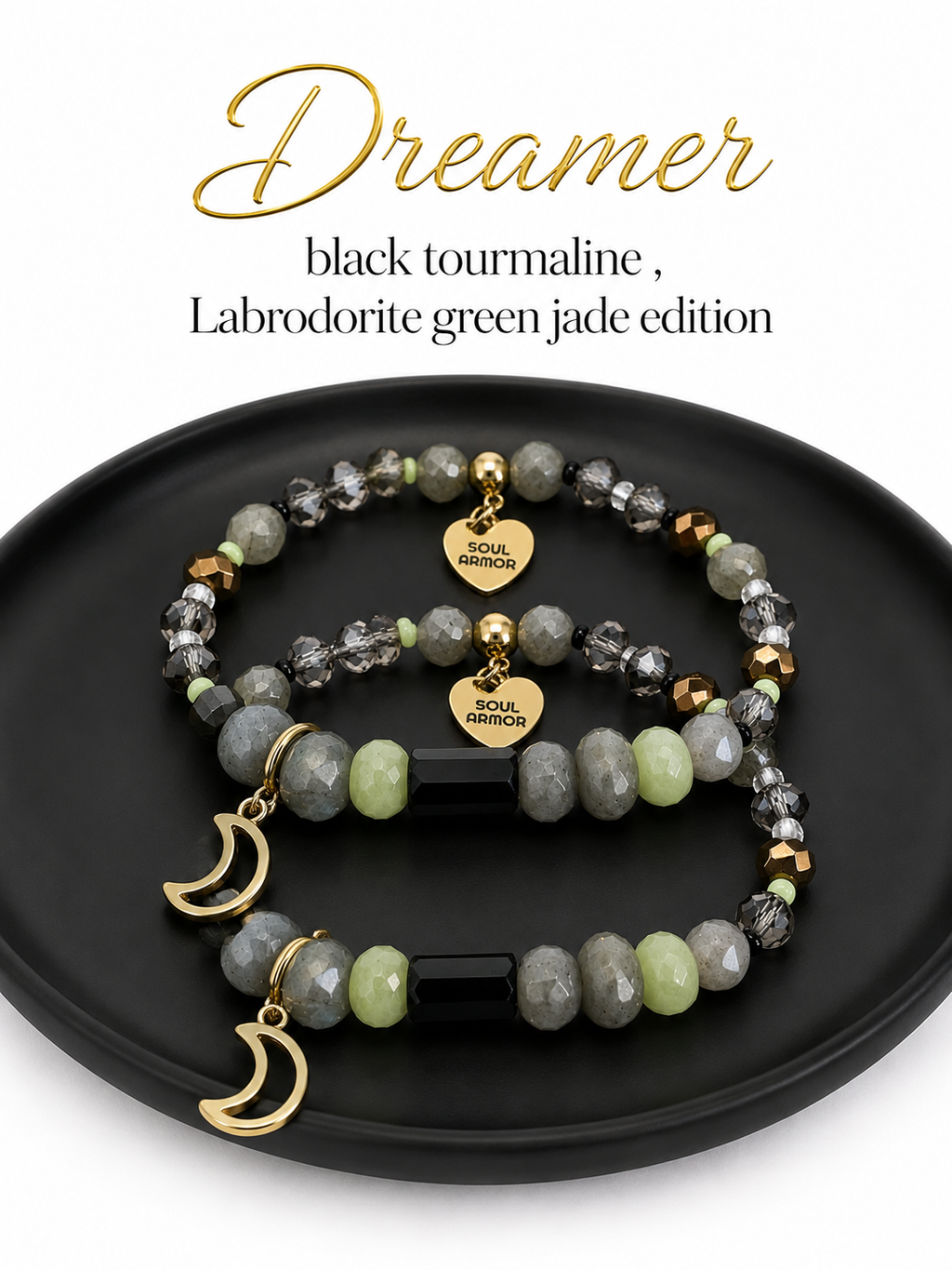 Dreamer- Black Tourmaline Labrodorite Green Jade Edition